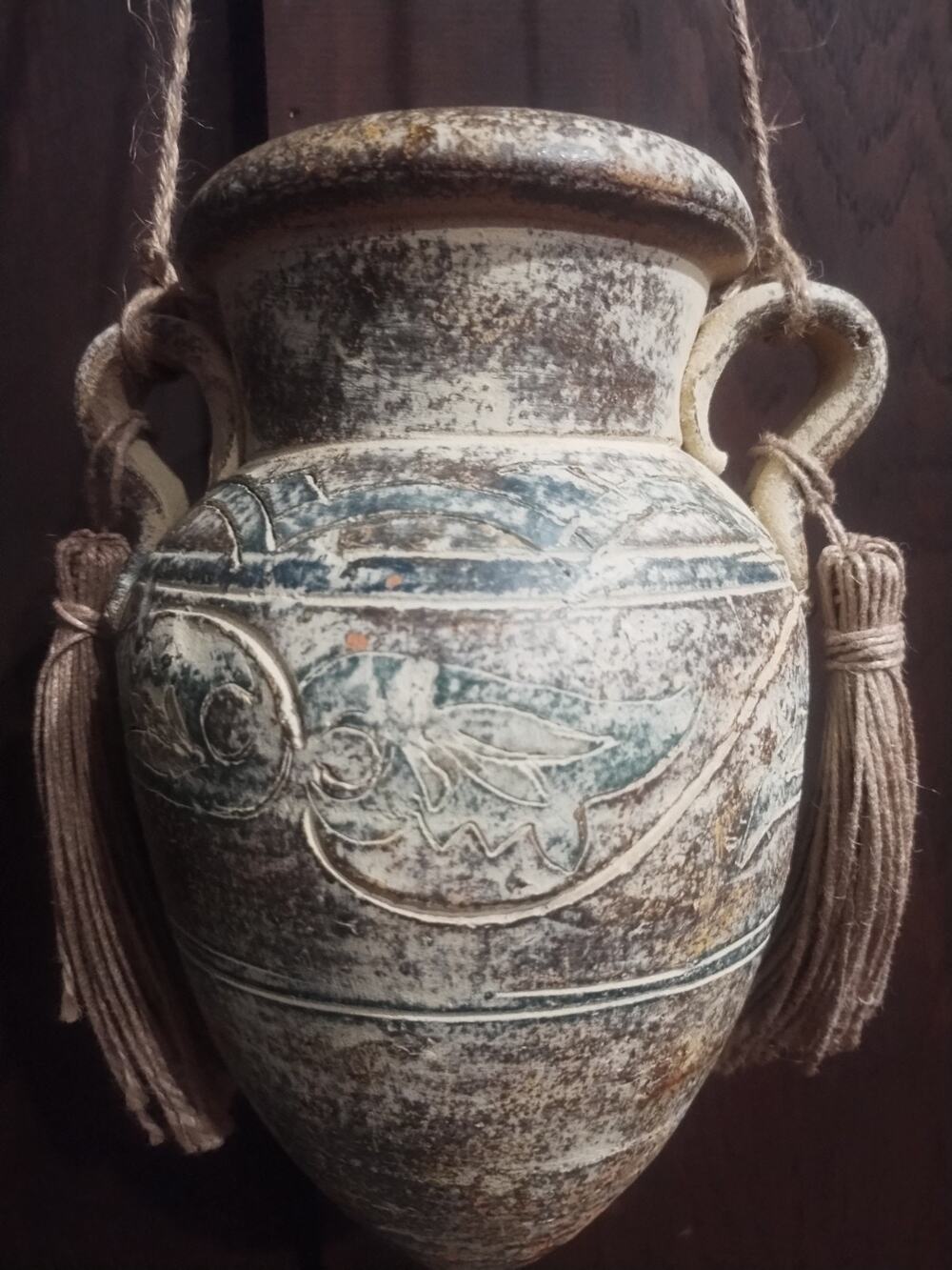 Hanging Amphora pottery Vase Pot Tassels Boho Vintage muted neutral faded Greek